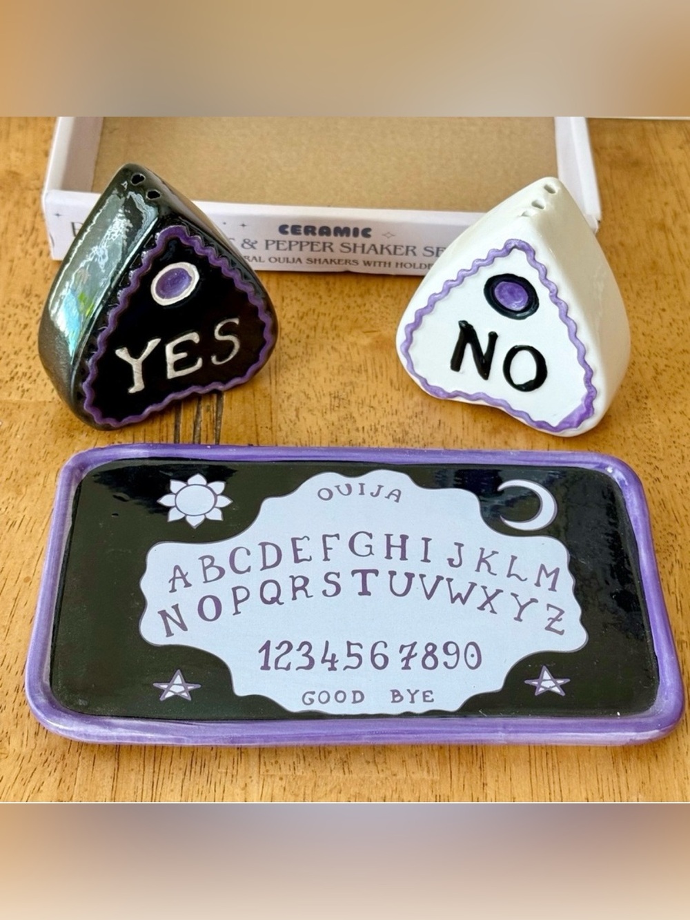 Bklyn Steel Ceramic Salt and Pepper Planchettes with Ouija Board Tray NEW!